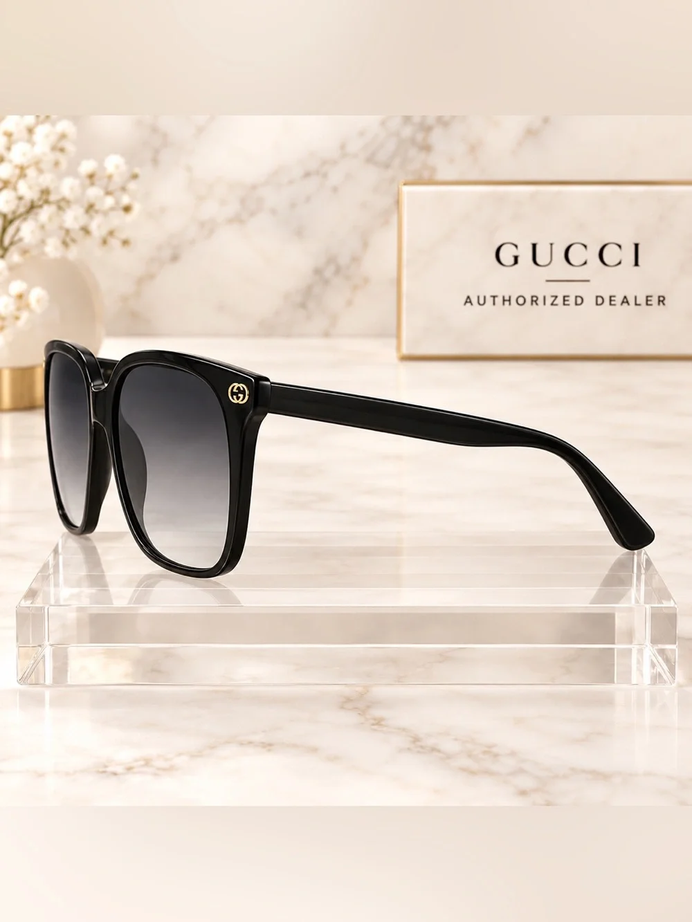 Gucci GG 0022S Black Oversized Gradient Square Sunglasses with Gold Accents